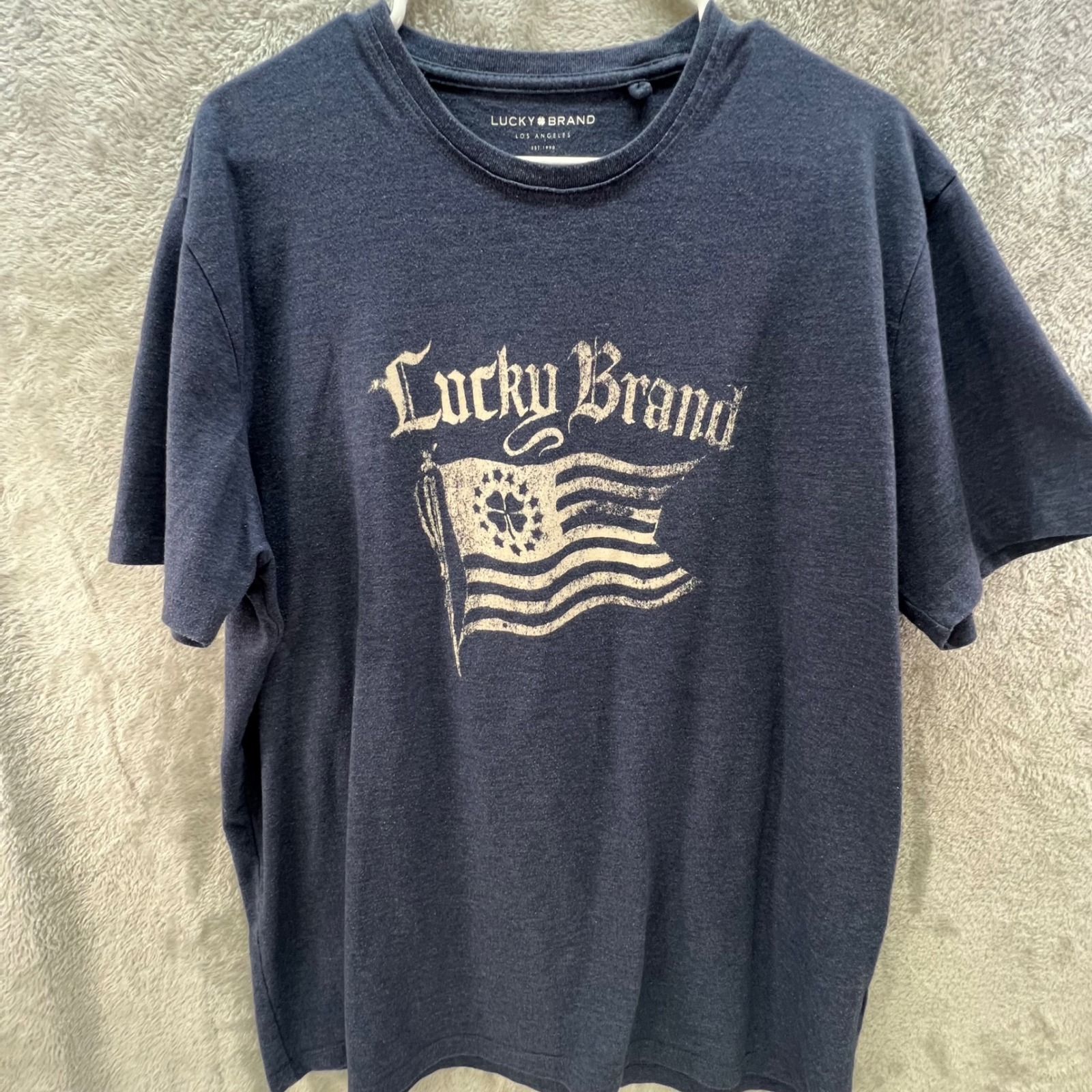 Lucky Brand Mens Xl Navy Blue American Flag Shamrock Graphic TShirt Americana